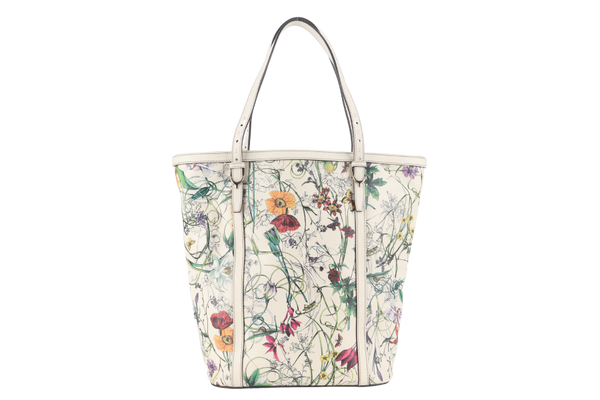 GUCCI FLORA TOTE WHITE LEATHER SILVER HARDWARE NO DUST COVER