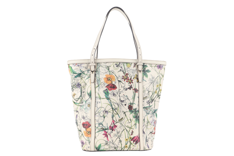 GUCCI FLORA TOTE WHITE LEATHER SILVER HARDWARE NO DUST COVER