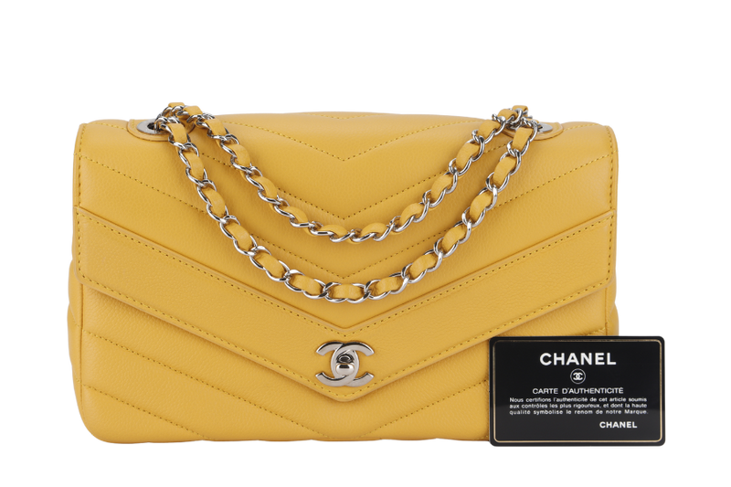 CHANEL CHEVRON FLAP (2432xxxx) MUSTARD MATTE CAVIAR SILVER HARDWARE WITH CARD AND BOX