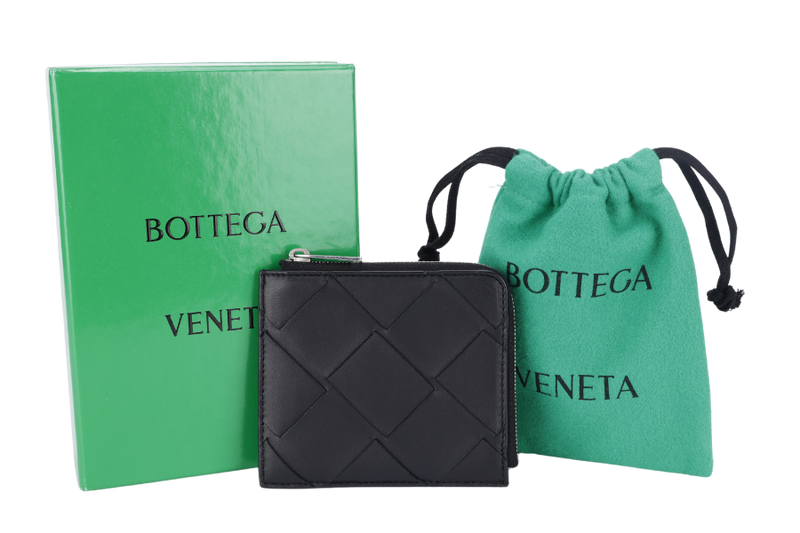 BOTTEGA VENETA MAXI INTRECCIATO BLACK L SHAPE ZIPPY WALLET WITH DUST COVER AND BOX