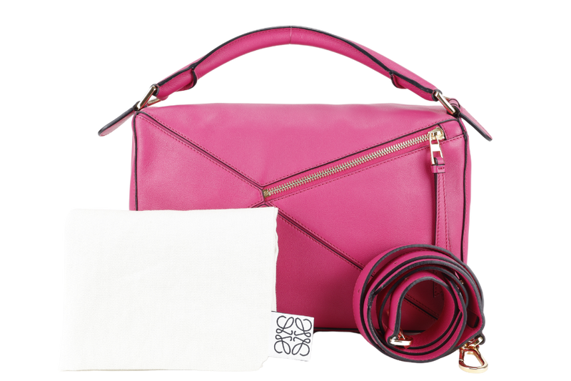 LOEWE PUZZLE EDGE FUSHIA MEDIUM CALFSKIN LEATHER GOLD HARDWARE WITH SLING AND DUST COVER