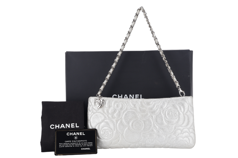 CHANEL CAMELLIA EMBOSSED SMALL SILVER METALLIC POCHETTE SILVER HARDWARE (2005xxxx) WITH CARD