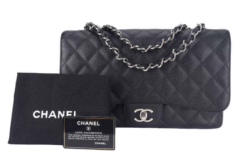 CHANEL CLASSIC FLAP JUMBO (1357xxxx) BLACK CAVIAR LEATHER SILVER HARDWARE WITH DUST COVER AND CARD