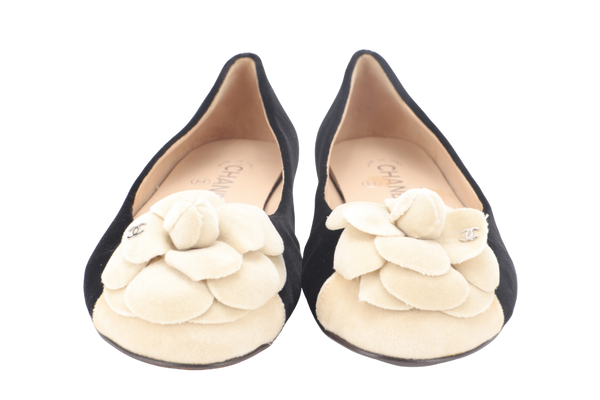 CHANEL BALLERINA FLATS BLACK VELVET SIZE 37C WITH DUST COVER