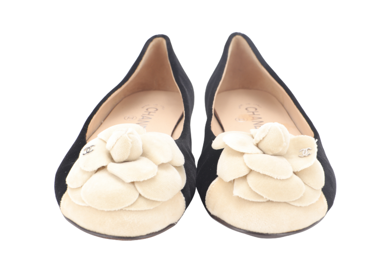 CHANEL BALLERINA FLATS BLACK VELVET SIZE 37C WITH DUST COVER