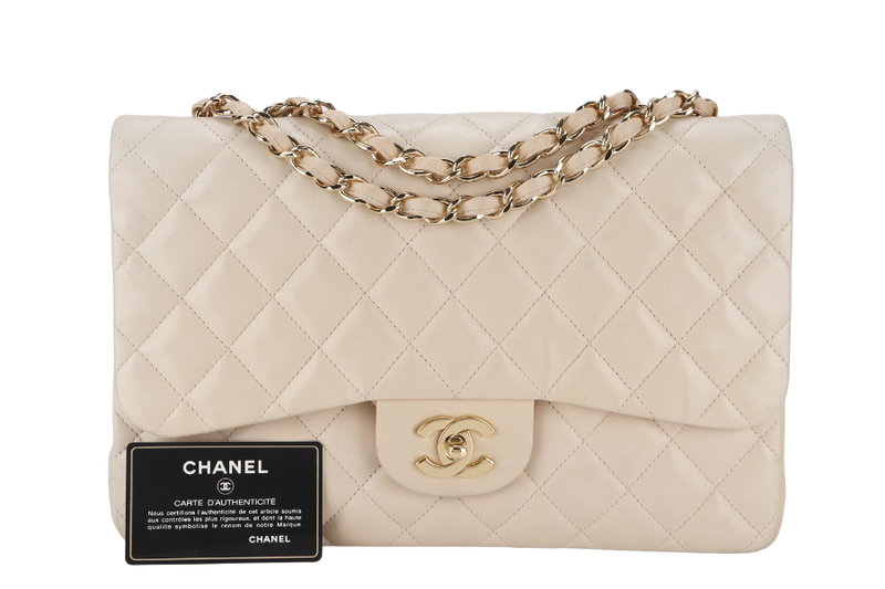 CHANEL CLASSIC SINGLE FLAP (1309xxxx) JUMBO BEIGE LAMBSKIN GOLD HARDWARE WITH CARD