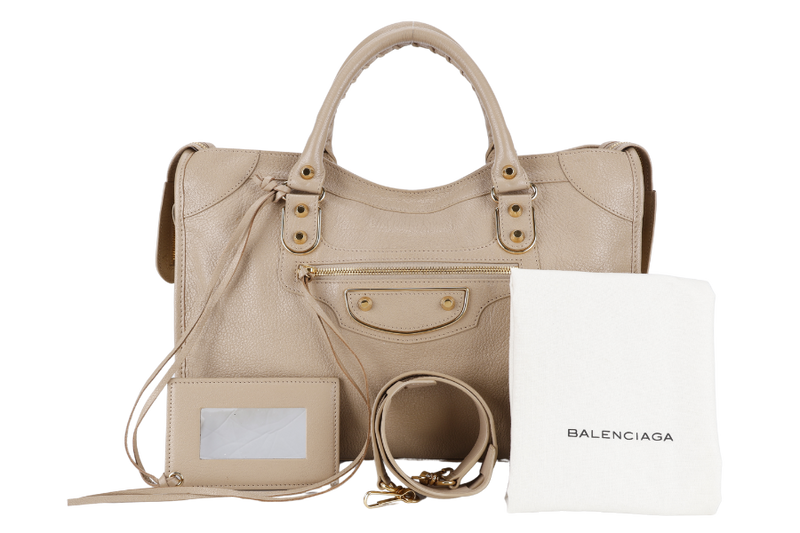 BALENCIAGA CITY BAG SMALL BEIGE LATTE LEATHER GOLD HARDWARE WITH MIRROR POCKET, STRAPS AND DUST COVER