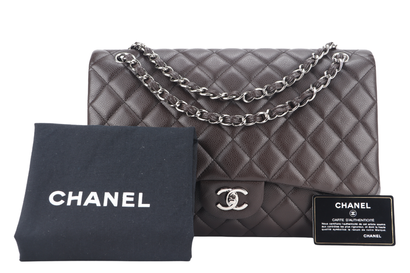CHANEL CLASSIC FLAP MAXI SINGLE FLAP BROWN CAVIAR SILVER HARDWARE (1401xxxx) WITH CARD, DUST COVER AND BOX