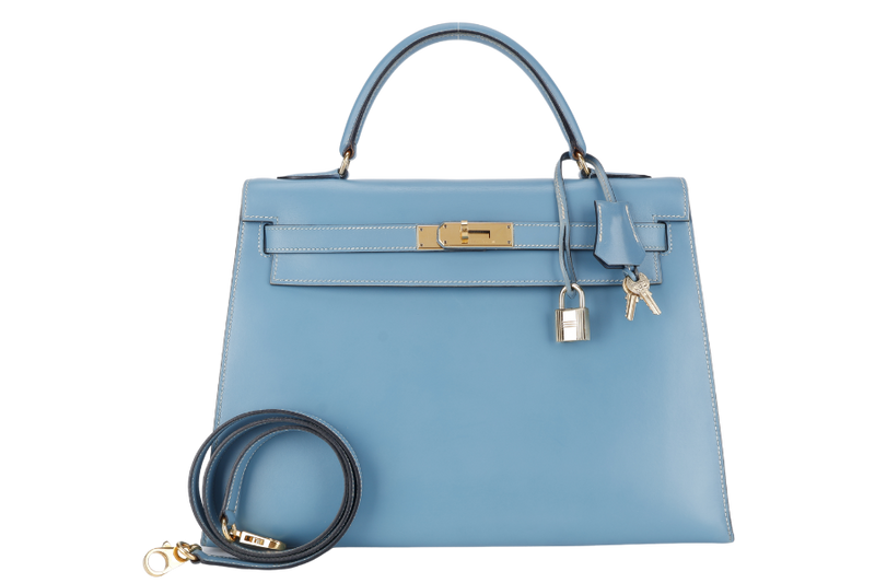 HERMES KELLY 32 BLUE JEAN BOX LEATHER GOLD HARDWARE STAMP A (YEAR 1997) WITH STRAPS, KEYS AND LOCK