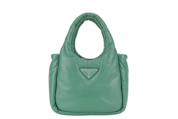 PRADA SOFT PADDED GREEN LEATHER SILVER HARDWARE WITH BOX