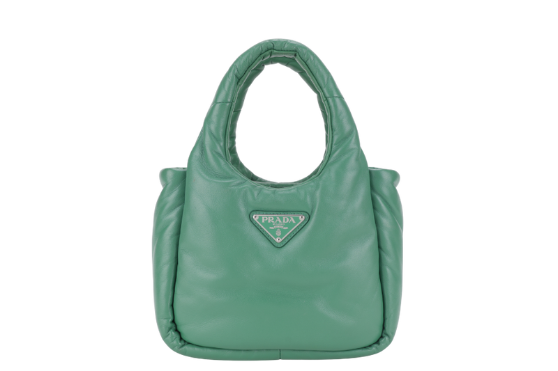 PRADA SOFT PADDED GREEN LEATHER SILVER HARDWARE WITH BOX