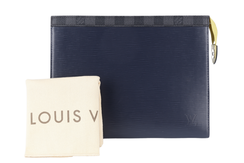 LOUIS VUITTON VOYAGE CLUTCH BLUE EPI DAMIER GRAPHITE WITH DUST COVER