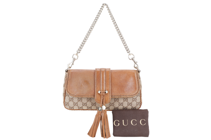 GUCCI VINTAGE BEIGE AND BROWN GG CANVAS MARRAKECH EVENING BAG GOLD HARDWARE WITH DUST COVER