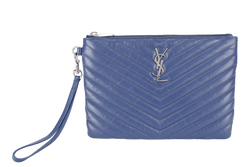 YVES SAINT LAURENT (YSL) V STITCH POUCH BLUE CALFSKIN SILVER HARDWARE NO DUST COVER