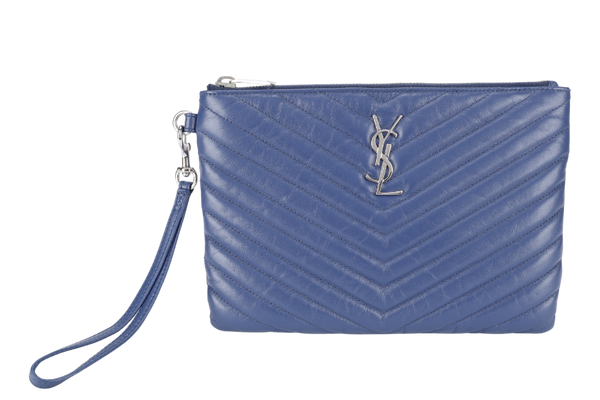 YVES SAINT LAURENT (YSL) V STITCH POUCH BLUE CALFSKIN SILVER HARDWARE NO DUST COVER