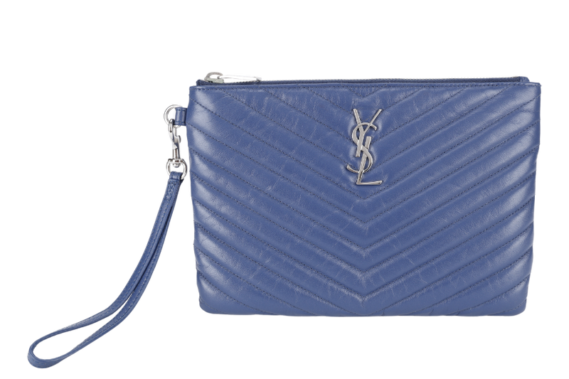 YVES SAINT LAURENT (YSL) V STITCH POUCH BLUE CALFSKIN SILVER HARDWARE NO DUST COVER