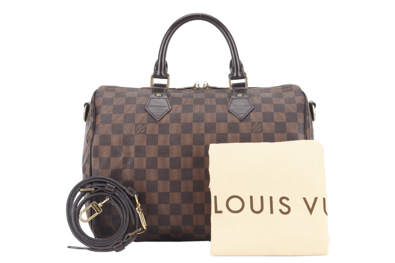 LOUIS VUITTON SPEEDY BANDOULIERE 30 DAMIER EBENE CANVAS GOLD HARDWARE WITH STRAPS AND DUST COVER