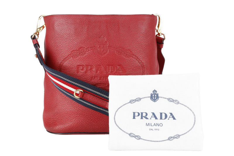 PRADA LOGO VITELLO PHENIX MEDIUM RED LEATHER BUCKET MESSENGER BAG GOLD HARDWARE WITH STRAPS AND DUST COVER