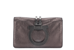 SALVATORE FERRAGAMO GANCINI CLUTCH (BW-21 A498) DARK GREY METALLIC RUTHENIUM HARDWARE NO DUTS COVER