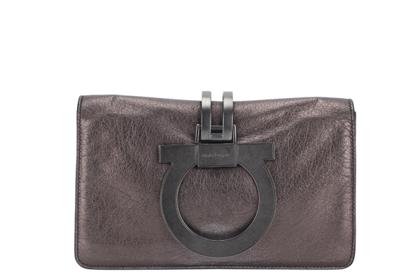 SALVATORE FERRAGAMO GANCINI CLUTCH (BW-21 A498) DARK GREY METALLIC RUTHENIUM HARDWARE NO DUTS COVER