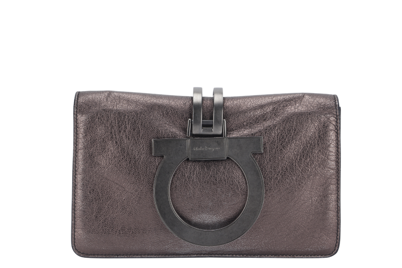 SALVATORE FERRAGAMO GANCINI CLUTCH (BW-21 A498) DARK GREY METALLIC RUTHENIUM HARDWARE NO DUTS COVER