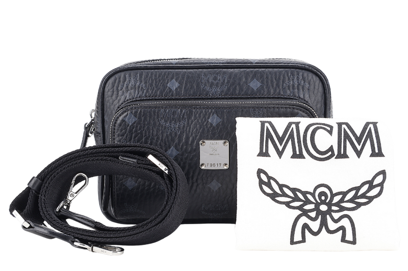 MCM AREN CROSSBODY IN VISETOS SMALL BLACK LEATHER SILVER HARDWARE WITH DUST COVER
