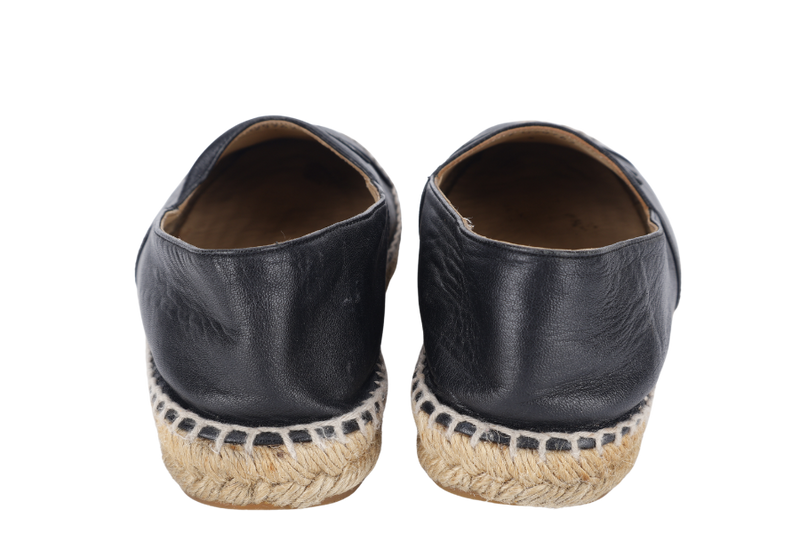 CHANEL ESPADRILLES SHOES BLACK LEATHER SIZE 38 WITH DUST COVER