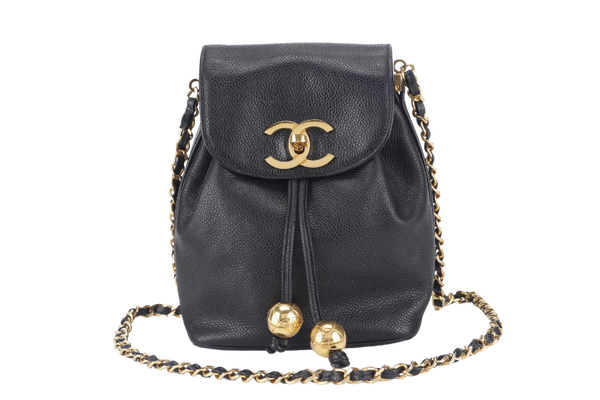 CHANEL VINTAGE BLACK CAVIAR MINI SLING BUCKET BAG WITH FLAP GOLD HARDWARE NO CARD, NO DUST COVER