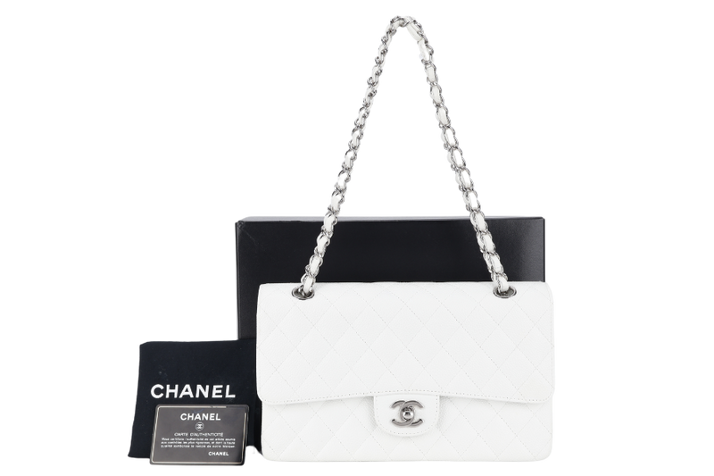 CHANEL CLASSIC FLAP MEDIUM SIZE WHITE CAVIAR SILVER HARDWARE (1121xxxx) WITH CARD, DUST COVER AND BOX