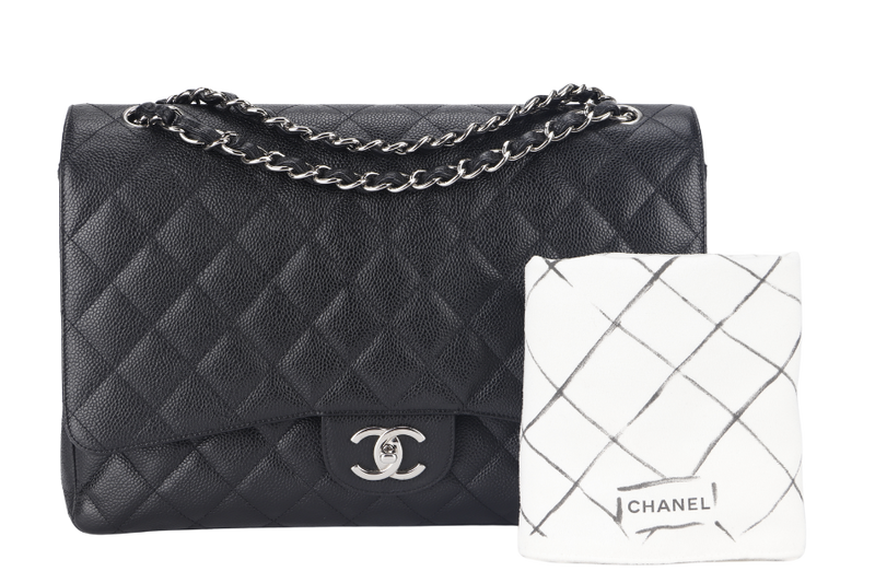 CHANEL CLASSIC DOUBLE FLAP MAXI (1437xxxx) BLACK CAVIAR SILVER HARDWARE WITH DUST COVER