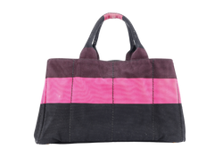 PRADA CANAPA RIGHE B1872B PINK AND DARK BROWN CANVAS TOTE BAG WITH CARD AND DUST COVER