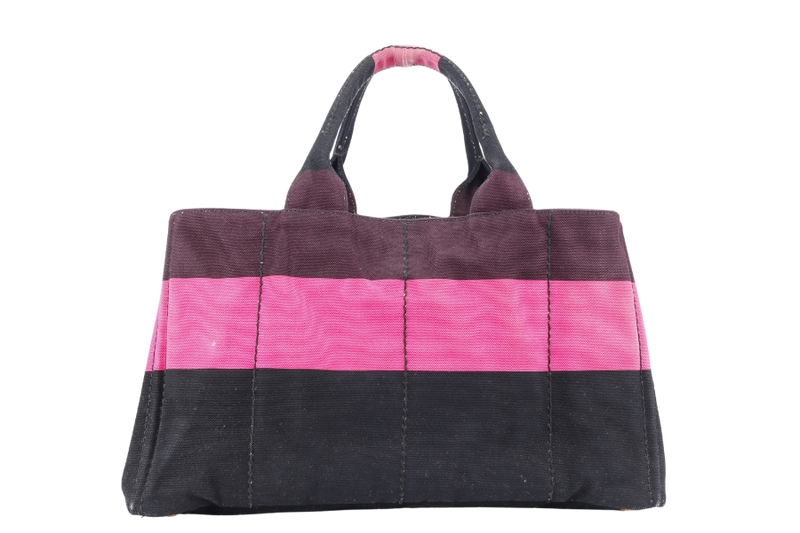 PRADA CANAPA RIGHE B1872B PINK AND DARK BROWN CANVAS TOTE BAG WITH CARD AND DUST COVER