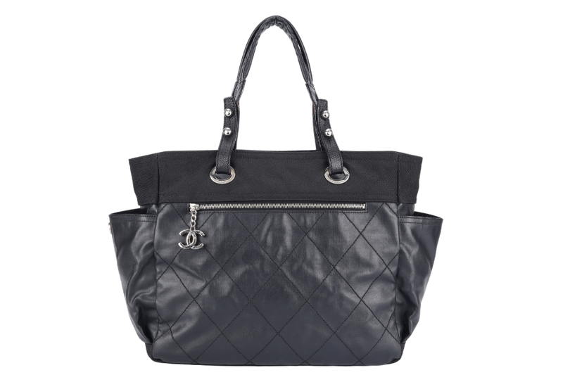 CHANEL COCO MARK PARIS BIARRITZ TOTE BAG LARGE BLACK COATED CANVAS SILVER HARDWARE (1227xxxx) NO DUST COVER