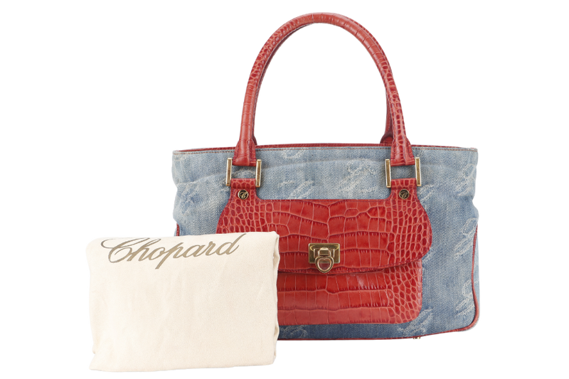 CHOPARD DENIM AND RED CROC SKIN EMBOSSED SHOULDER BAG WITH DUST COVER