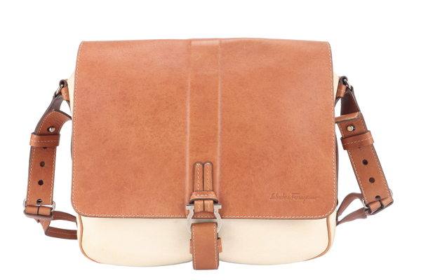 SALVATORE FERRAGAMO MESSENGER BAG SPRING 2012 MENSWEAR BROWN LEATHER WITH CANVAS SILVER HARDWARE NO DUST COVER