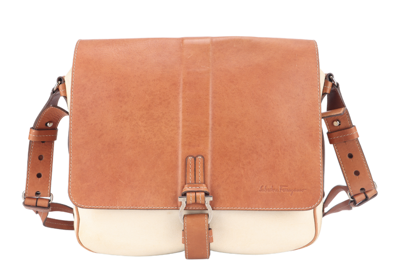 SALVATORE FERRAGAMO MESSENGER BAG SPRING 2012 MENSWEAR BROWN LEATHER WITH CANVAS SILVER HARDWARE NO DUST COVER