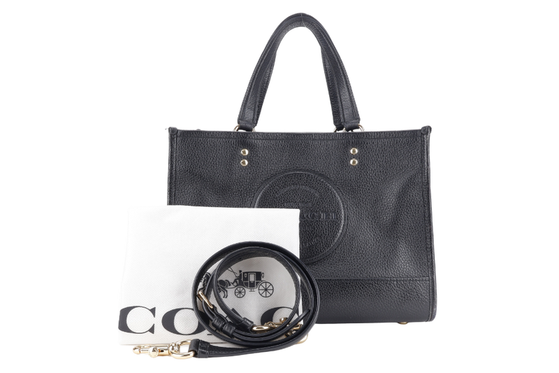COACH DEMPSEY TOTE BAG 22 WITH COACH PATCH BLACK REFINED PEBBLE LEATHER GOLD HARDWARE WITH STRAPS AND DUST COVER