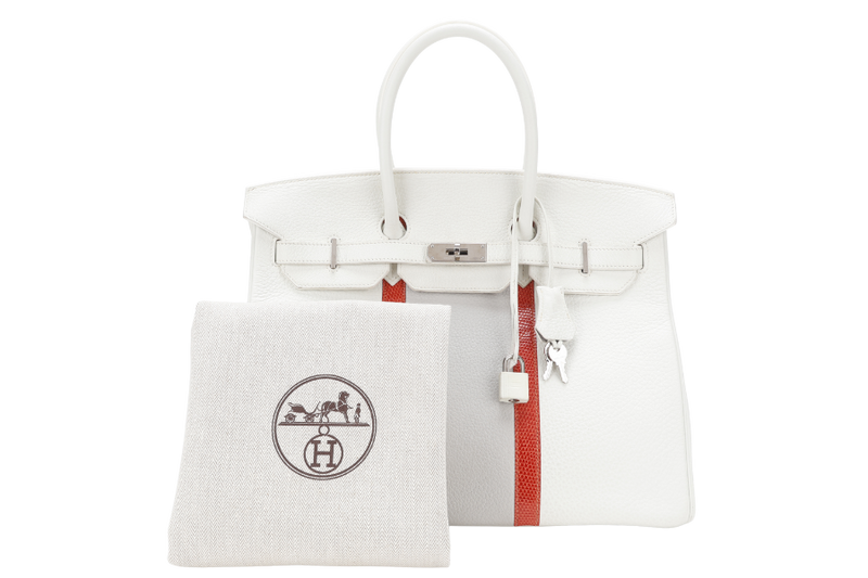 HERMES BIRKIN FLAG 35 WHITE AND GRIS PERLE CLEMENCE, LIZARD LEATHER SILVER HARDWARE STAMP Q SQUARE (YEAR 2013) WITH LOCK & KEYS AND DUST COVER