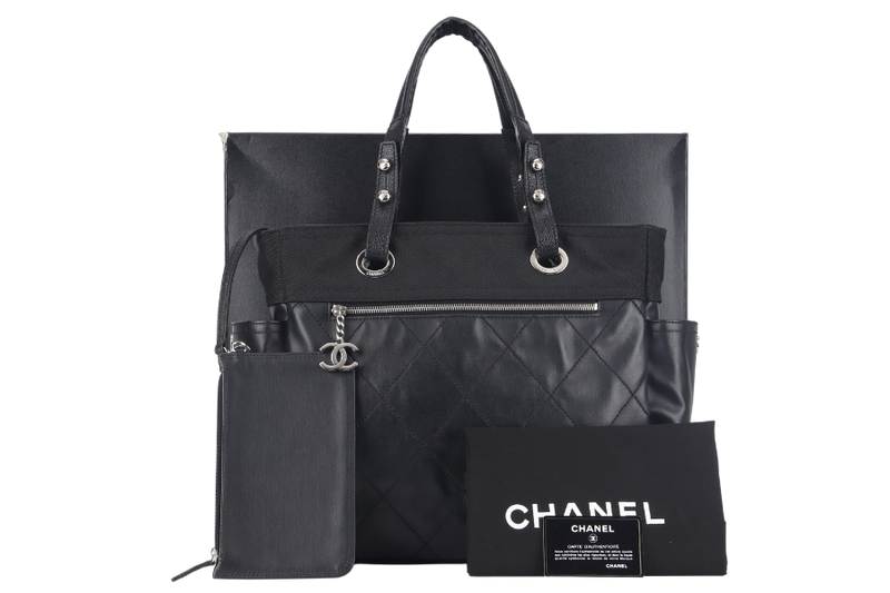 CHANEL PARIS BIARRITZ MEDIUM TOTE (1251xxxx) BLACK COATED CANVAS SILVER HARDWARE WITH CARD, DUST COVER AND BOX