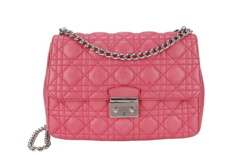 CHRISTIAN DIOR MISS DIOR FLAP CANNAGE BAG MEDIUM FUCHSIA LAMBSKIN SILVER HARDWARE NO DUST COVER