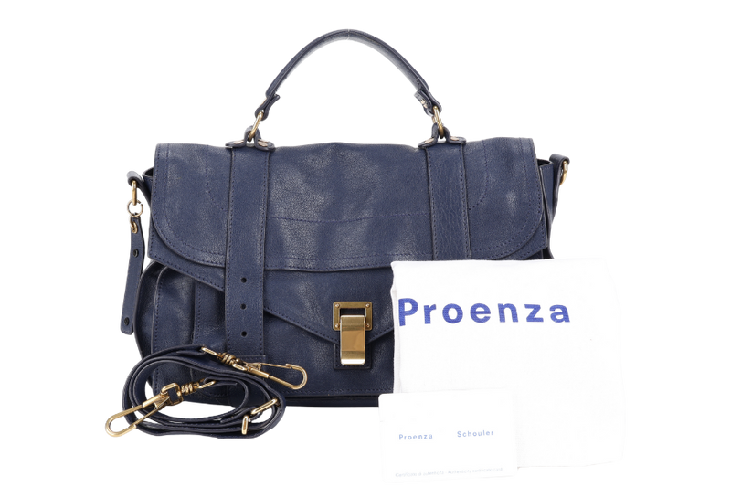 PROENZA SCHOULER PS 1 MEDIUM NAVY BLUE GOLD HARDWARE WITH STRAPS AND DUST COVER
