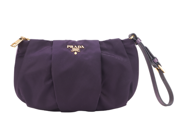 PRADA 1N1422 PURPLE NYLON WRIST POUCH GOLD HARDWARE WITH CARD