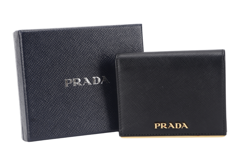 PRADA BLACK SAFFIANO CARD CASE WITH COIN POUCH GOLD HARDWARE NO CARD WITH BOX