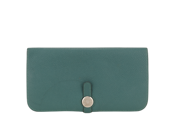 HERMES DOGON PORTEFEUILLE WALLET STAMP R SQUARE (YEAR 2014) VERT FONCE TOGO LEATHER SILVER HARDWARE WITH BOX