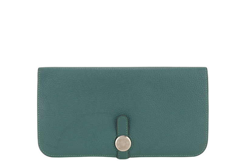 HERMES DOGON PORTEFEUILLE WALLET STAMP R SQUARE (YEAR 2014) VERT FONCE TOGO LEATHER SILVER HARDWARE WITH BOX