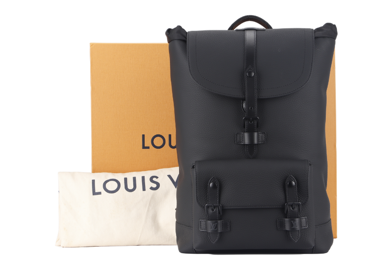 LOUIS VUITTON CHRISTOPHER SLIM BACKPACK (M58644) BLACK TAIGA LEATHER MICROCHIP WITH DUST COVER AND BOX