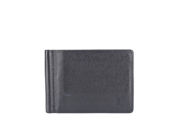 LOUIS VUITTON MONEY CLIP WALLET BLACK TAIGA LEATHER_QF_INITIALS_ MB4153 WITH DUST COVER AND BOX