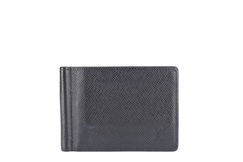 LOUIS VUITTON MONEY CLIP WALLET BLACK TAIGA LEATHER_QF_INITIALS_ MB4153 WITH DUST COVER AND BOX