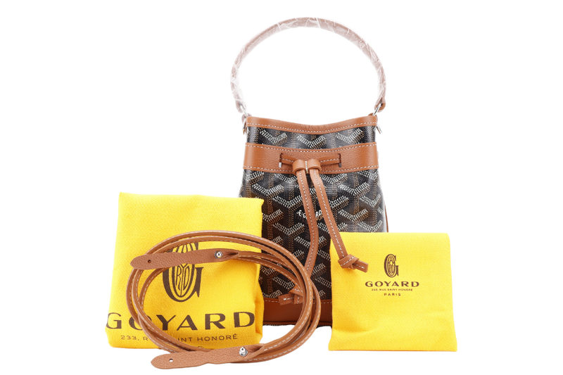 GOYARD PETIT FLOT MINI BUCKET BLACK AND TAN SILVER HARDWARE WITH STRAPS AND DUST COVER