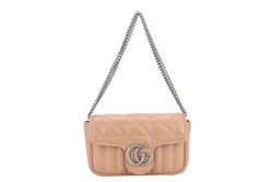 GUCCI GG MARMONT SUPER MINI BEIGE MATELASSE CHEVRON LEATHER RUTHENIUM HARDWARE WITH DUST COVER AND BOX